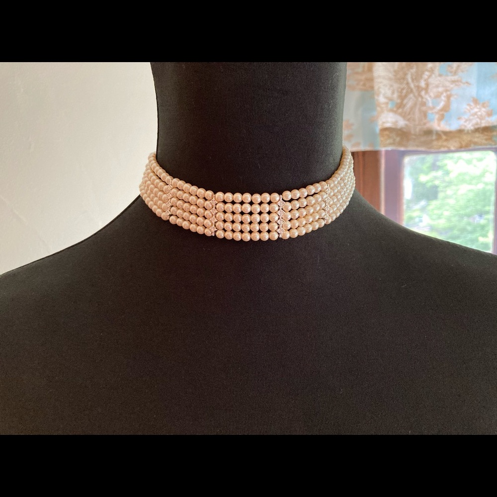Faux pearl and diamond choker